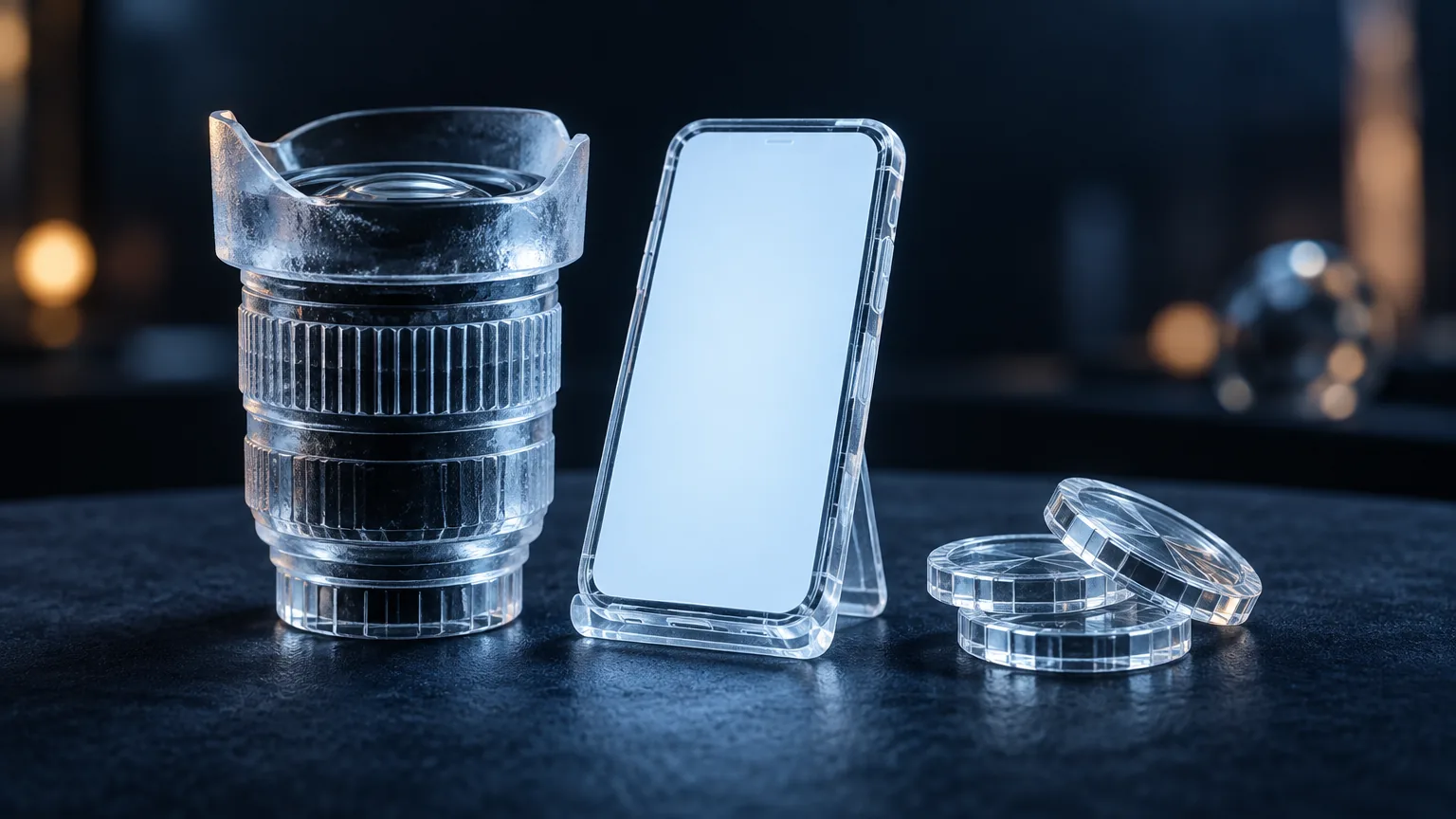 A frosted glass camera lens, a translucent phone with a blank pale-blue screen and three faceted glass tokens on dark navy felt