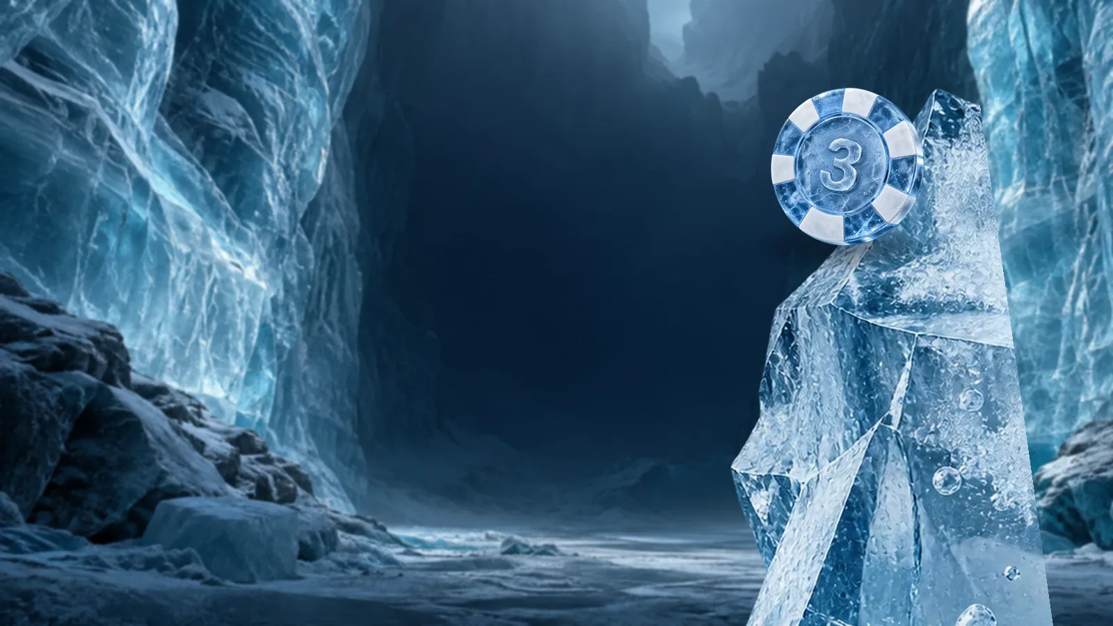 A single frosted ice poker chip perched on the tip of a tall ice spire above a dark glacier canyon