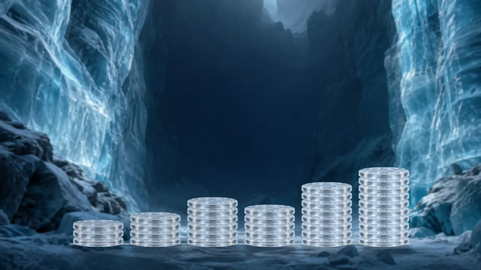 Six stacks of frosted ice poker chips rising from left to right like a bar chart on a glacier floor