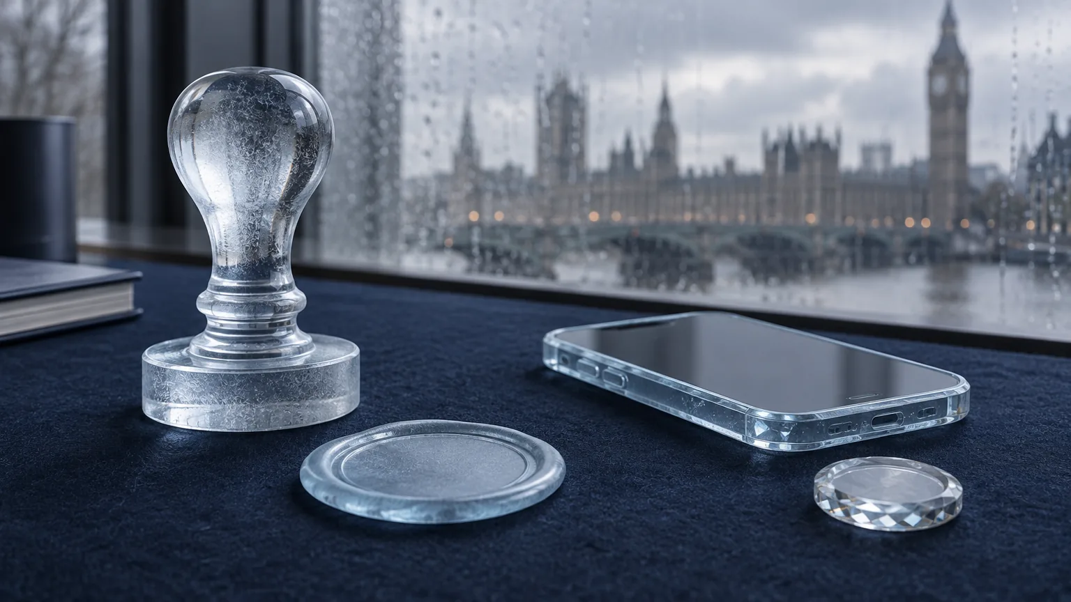 A frosted glass stamp beside a blank seal impression, a translucent phone and a glass coin on navy felt, with Westminster beyond a rain-streaked window