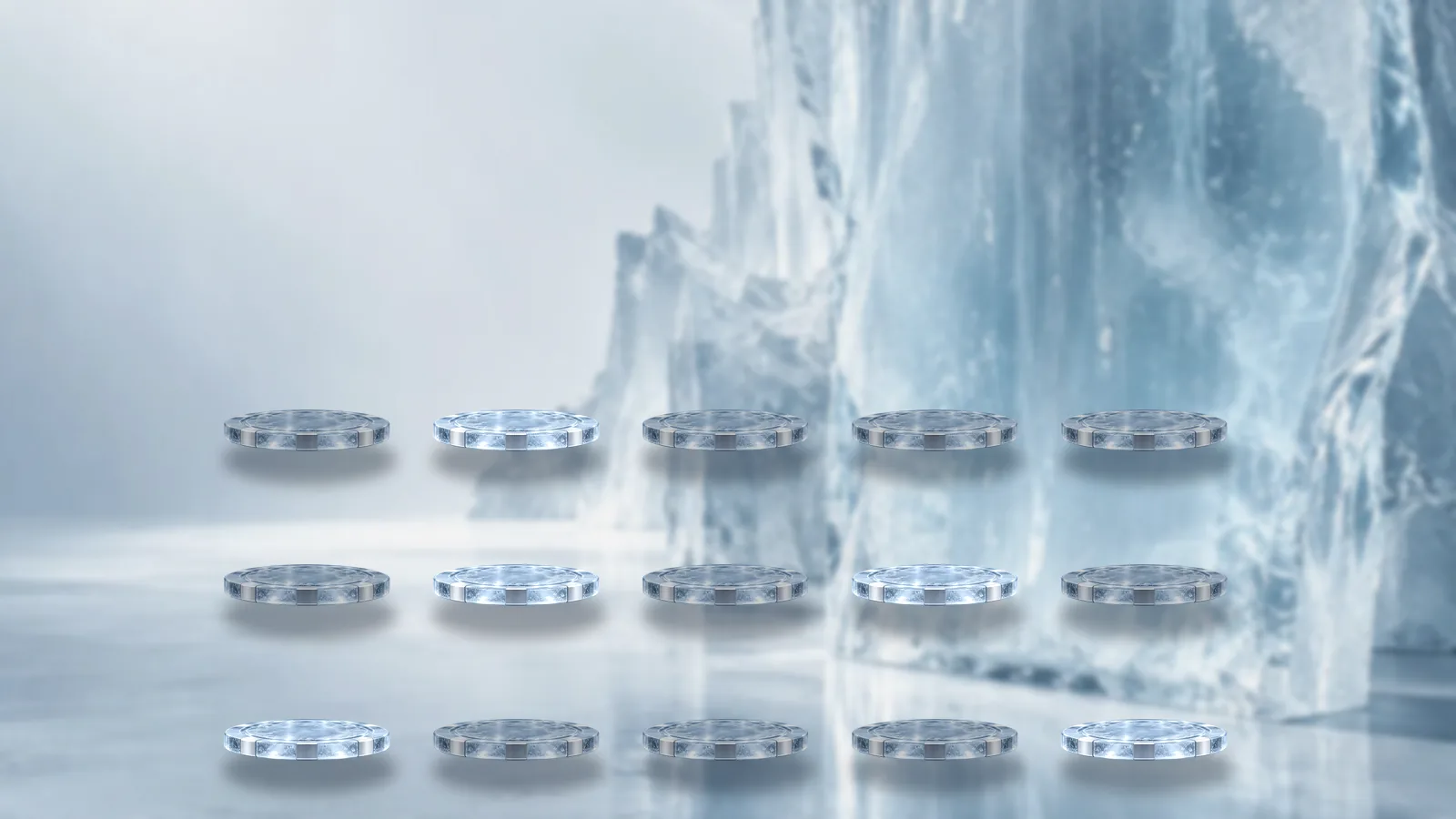 A grid of fifteen flat ice discs on an ice floor, a few of them lit brighter than the rest, pale icebergs behind