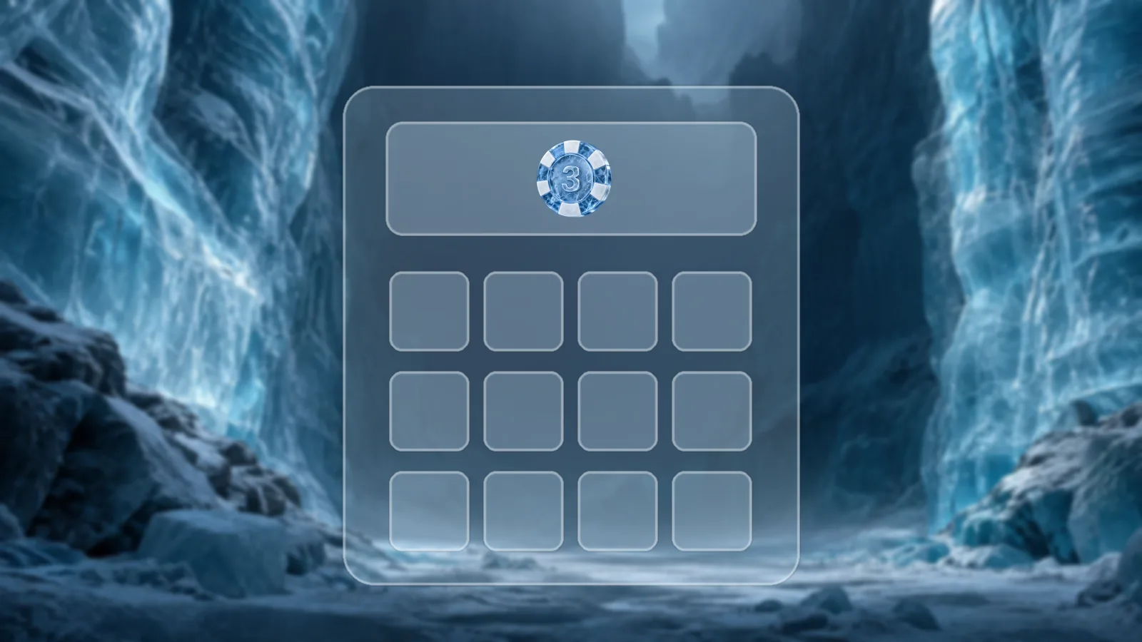 Frosted-glass calculator with an icy blue poker chip embossed with a 3 in its display, standing in an ice canyon