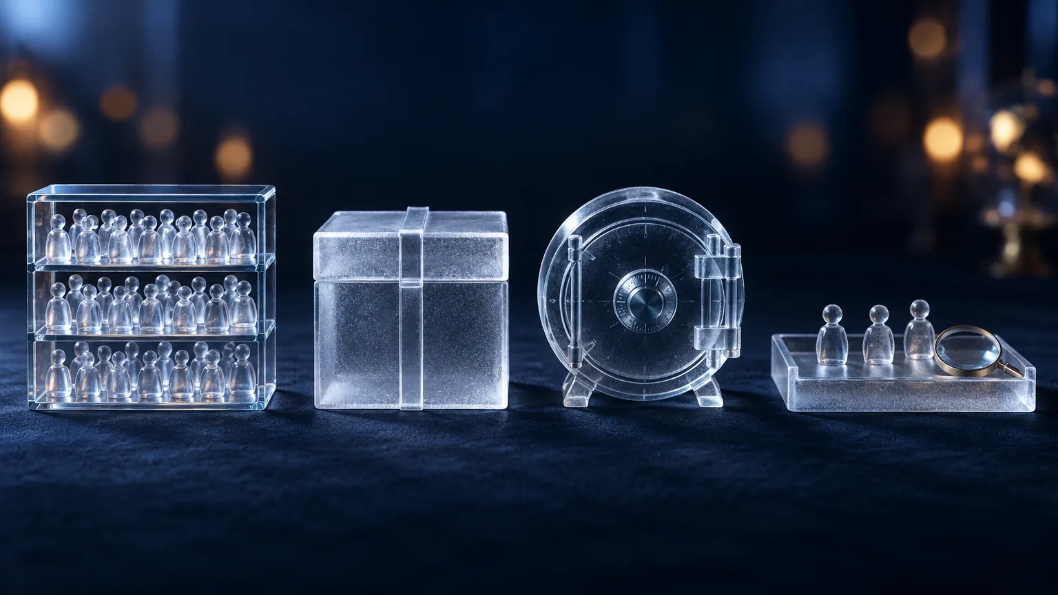 Four frosted glass pieces on dark felt: an open shelf of identical figurines, a sealed box, a vault door and a tray with three figurines and a loupe