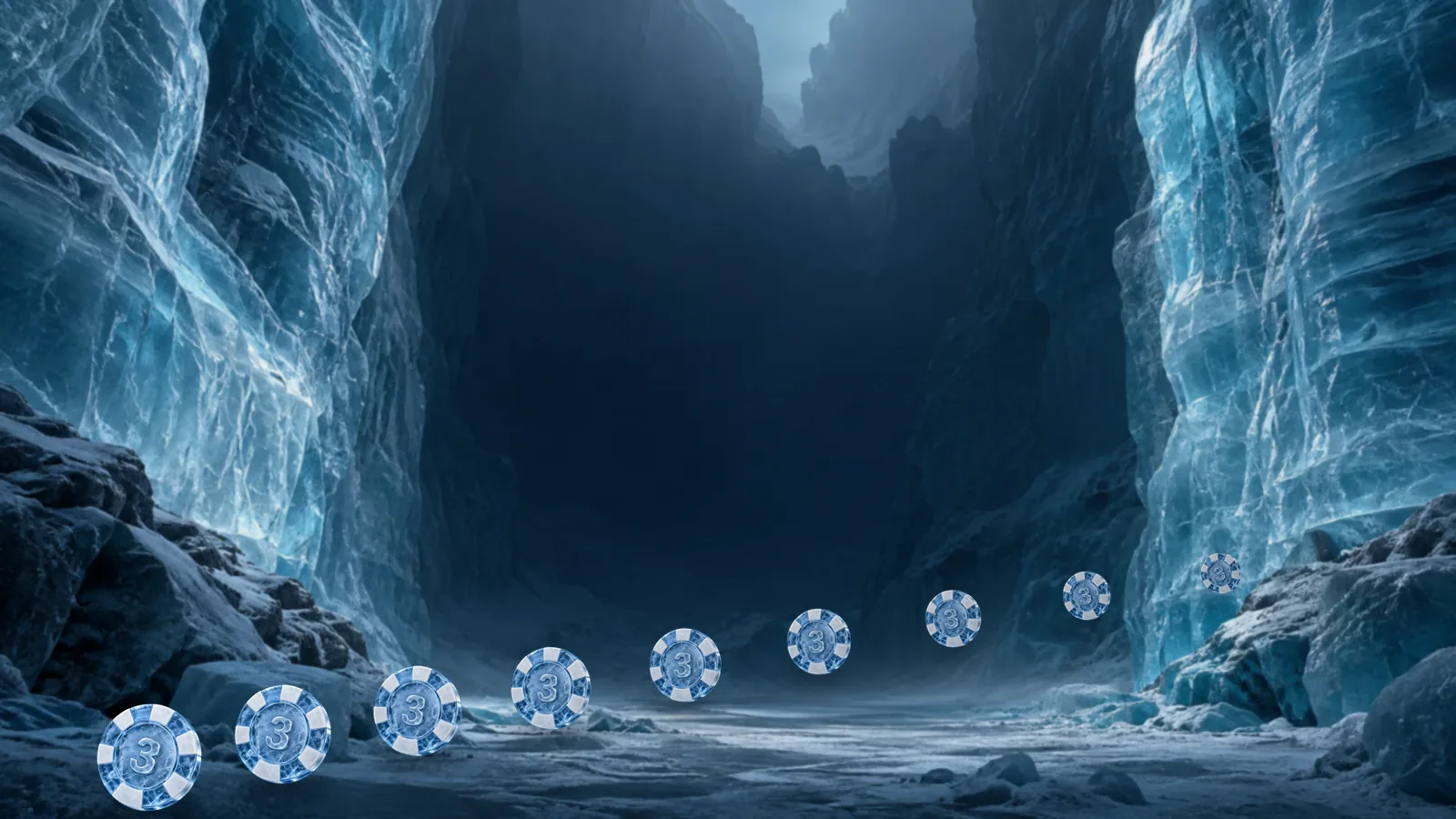 A line of small frosted ice poker chips running across a dark ice floor toward the far wall of a glacier canyon