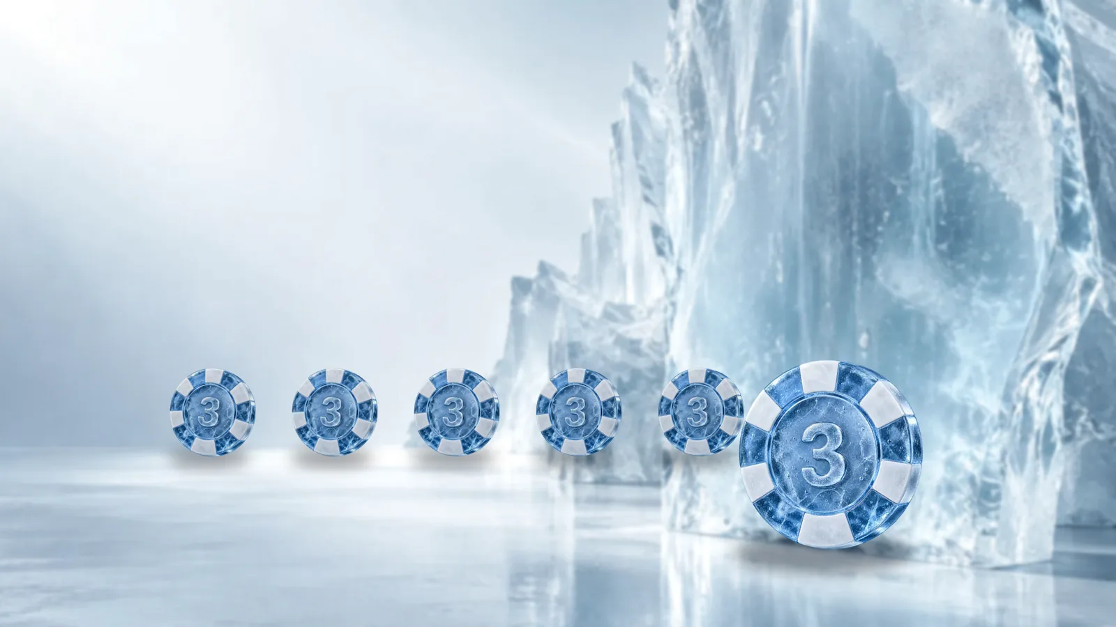 A row of six small frosted ice poker chips on an ice floor with one larger chip set apart at the end, pale icebergs behind