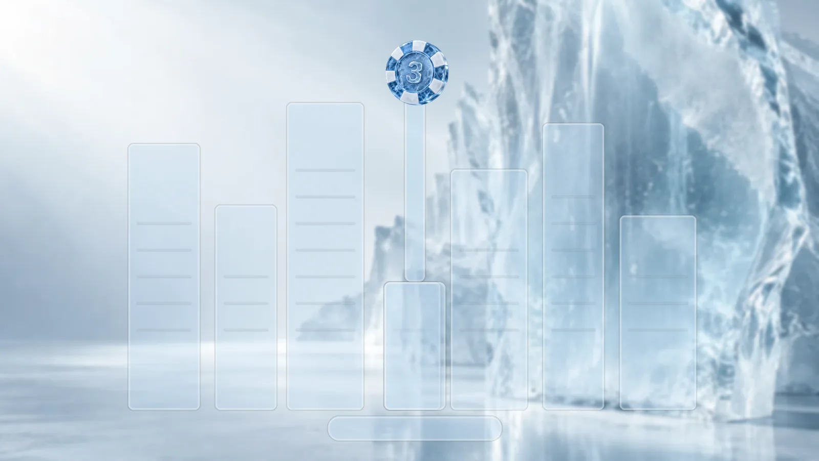 Seven frosted ice towers of different heights in a bright ice studio, a poker chip on top of the tallest central tower and a frosted plaque at its base
