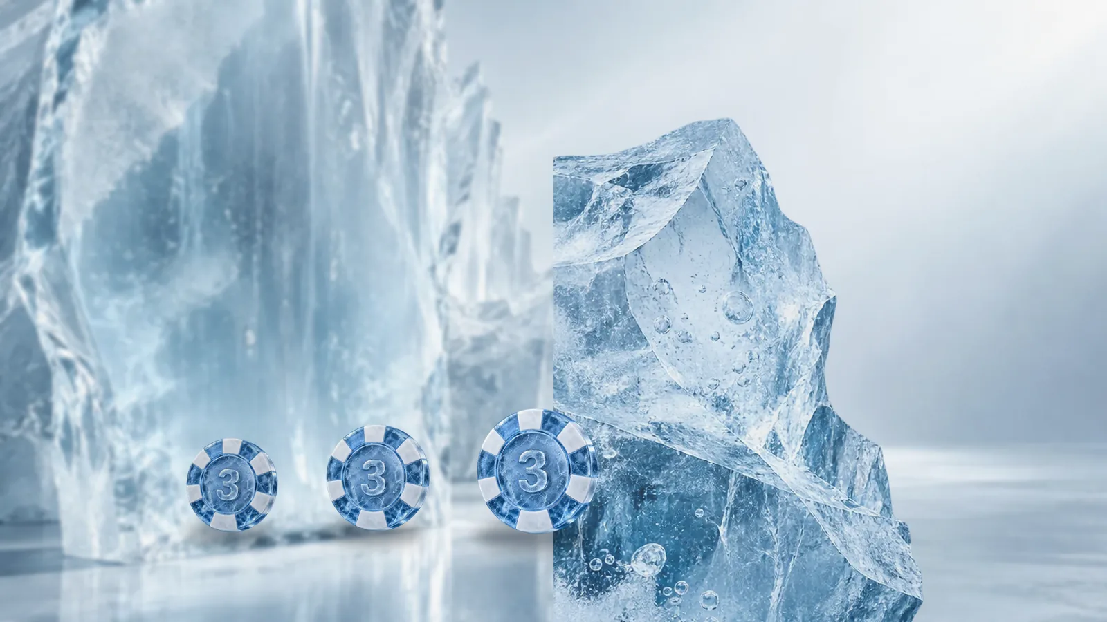 Three frosted ice poker chips waiting in line in front of a tall translucent block of ice