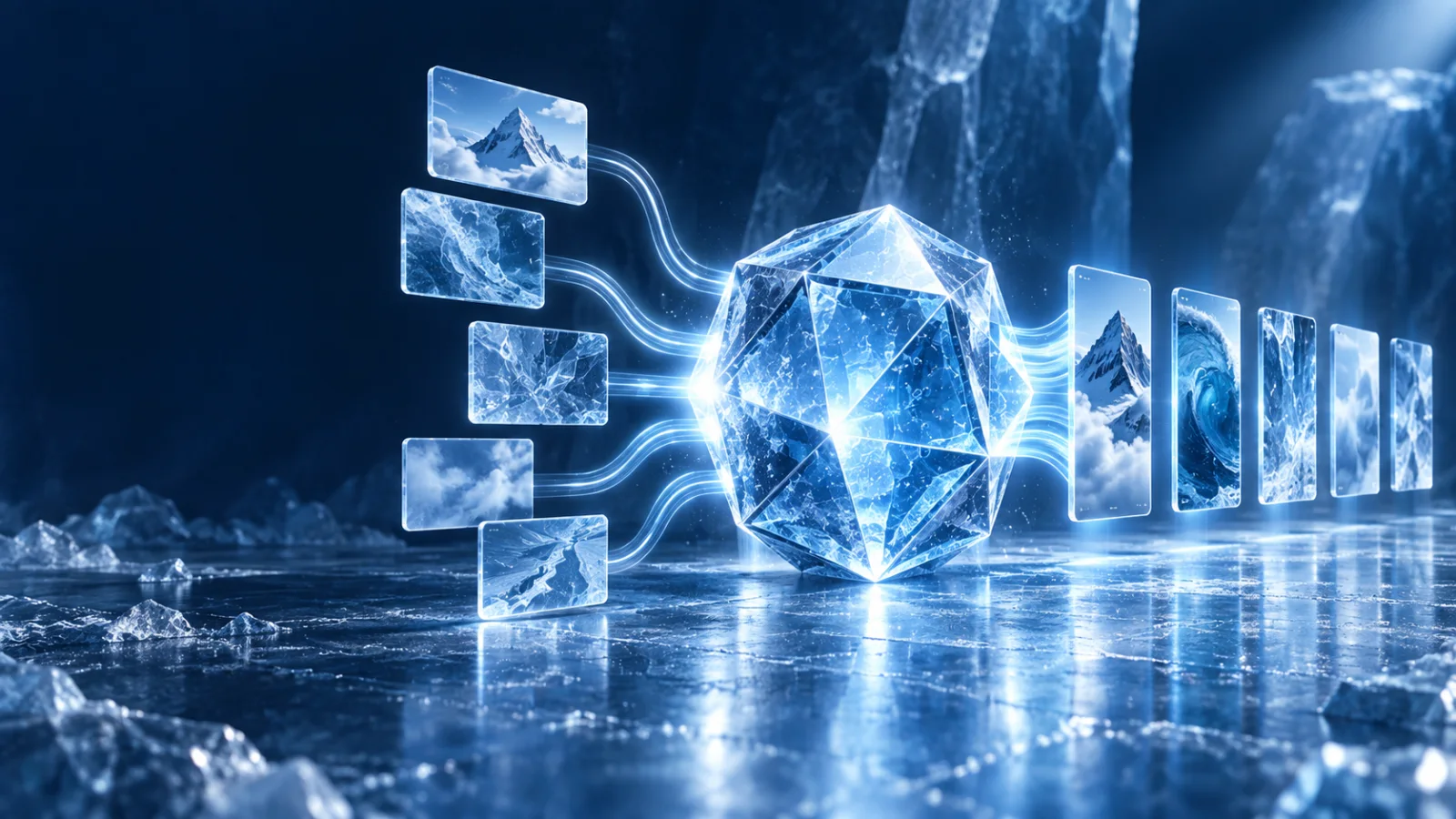 Faceted crystalline content engine turning several source frames into coordinated short-form media panels
