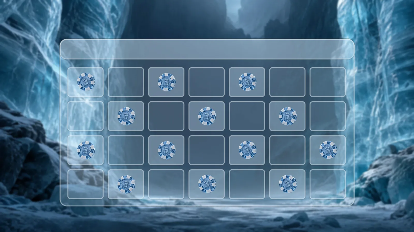 A large frosted ice calendar grid with seven columns and four rows in an ice canyon, poker chips placed on alternating days