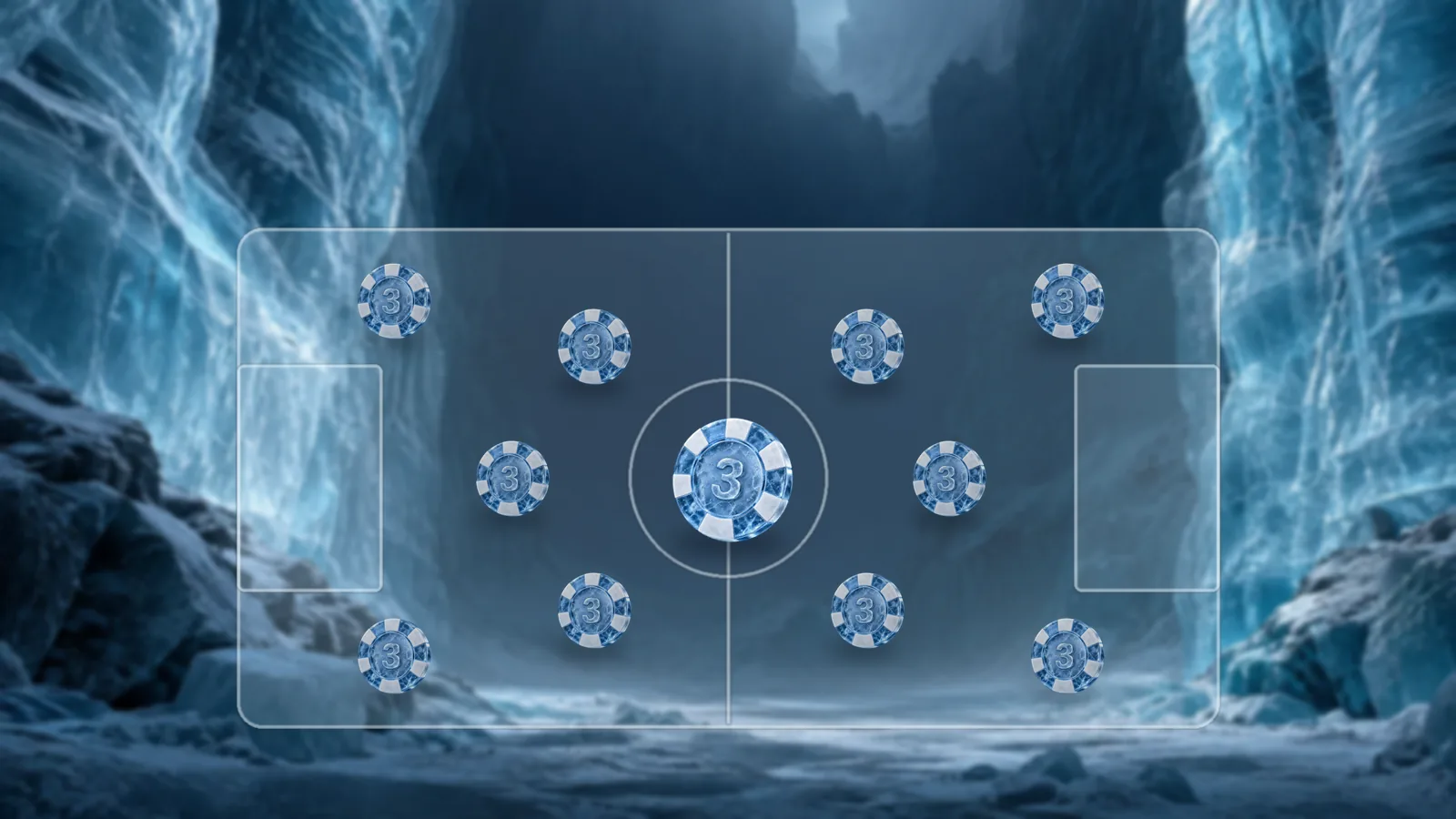 A frosted ice football pitch with its markings, ten poker chips set out in a formation and a larger lit chip on the centre spot