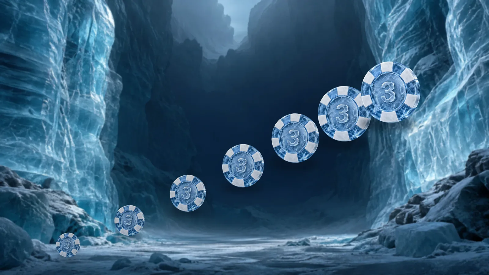 A chain of frosted ice poker chips growing in size as it arcs up and to the right across a glacier canyon