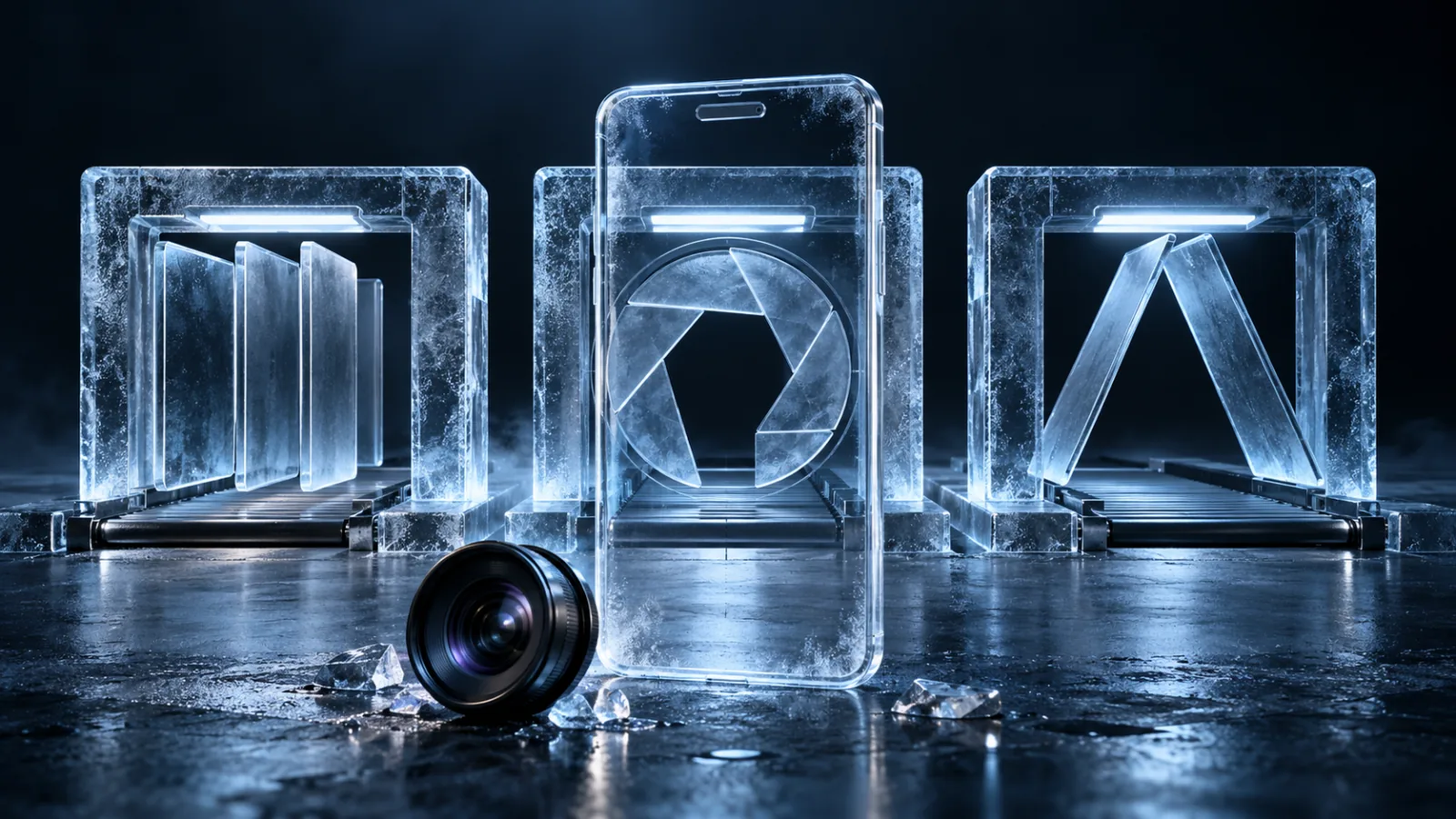 An ice-glass phone and camera lens stand before three separate inspection gates