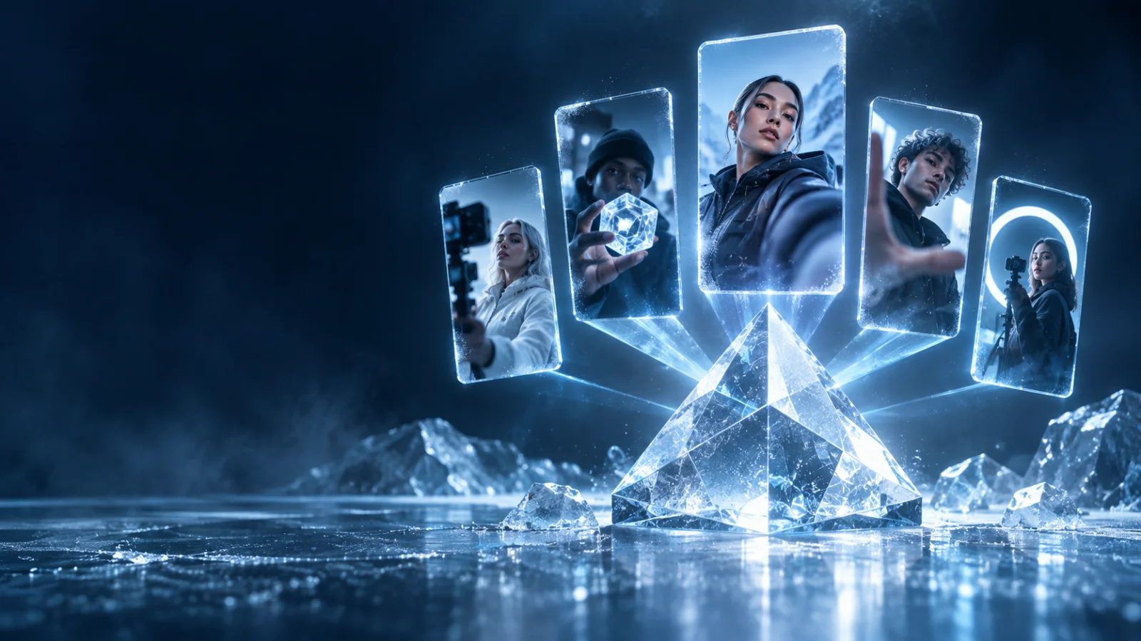 Creator video panels emerging from a crystalline Web3 production prism