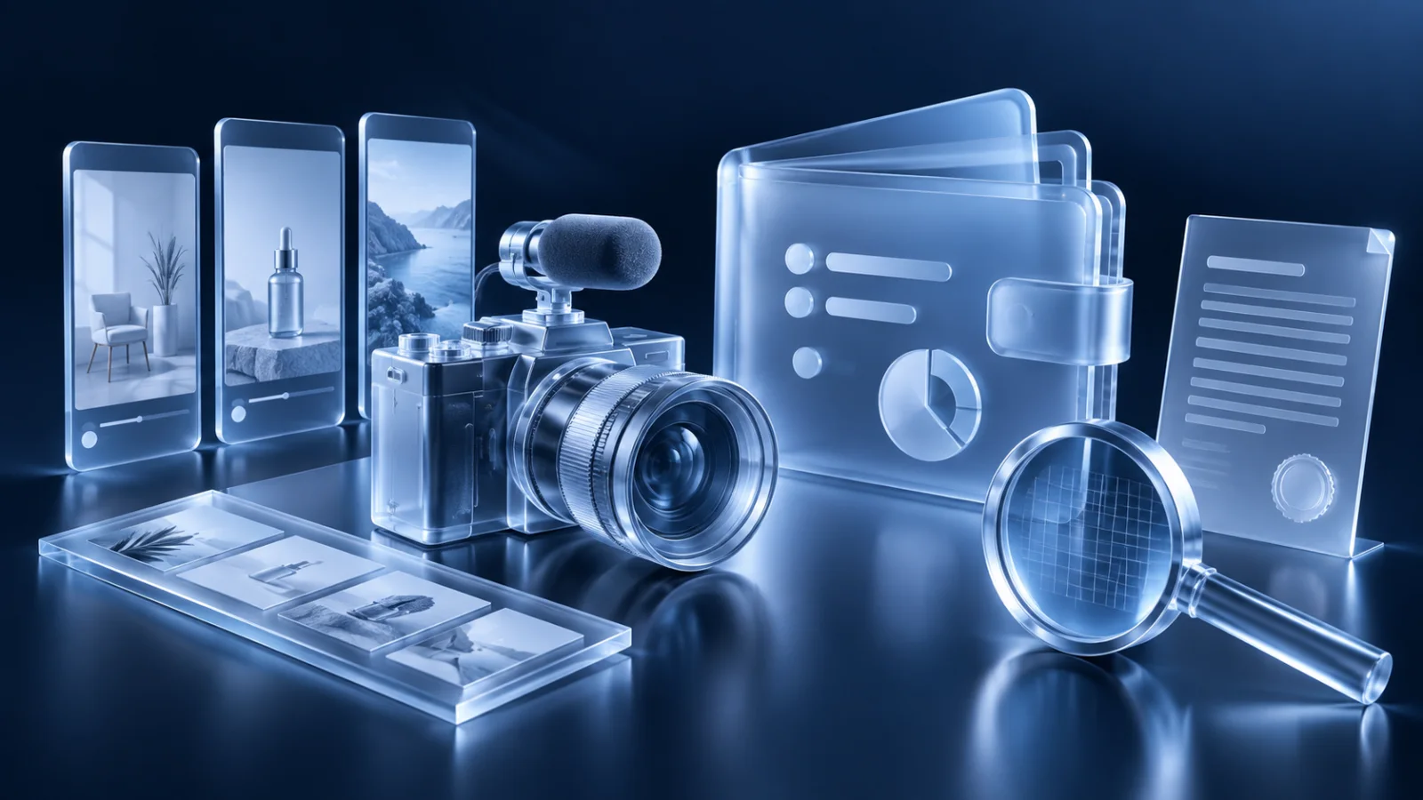 Ice-blue crypto UGC production budget connecting creator casting, product review, variants and usage rights