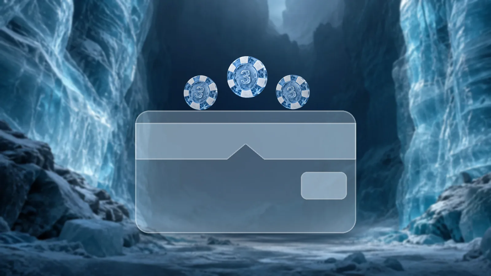 A large frosted ice wallet with an open flap standing in an ice canyon, with three poker chips rising out of it