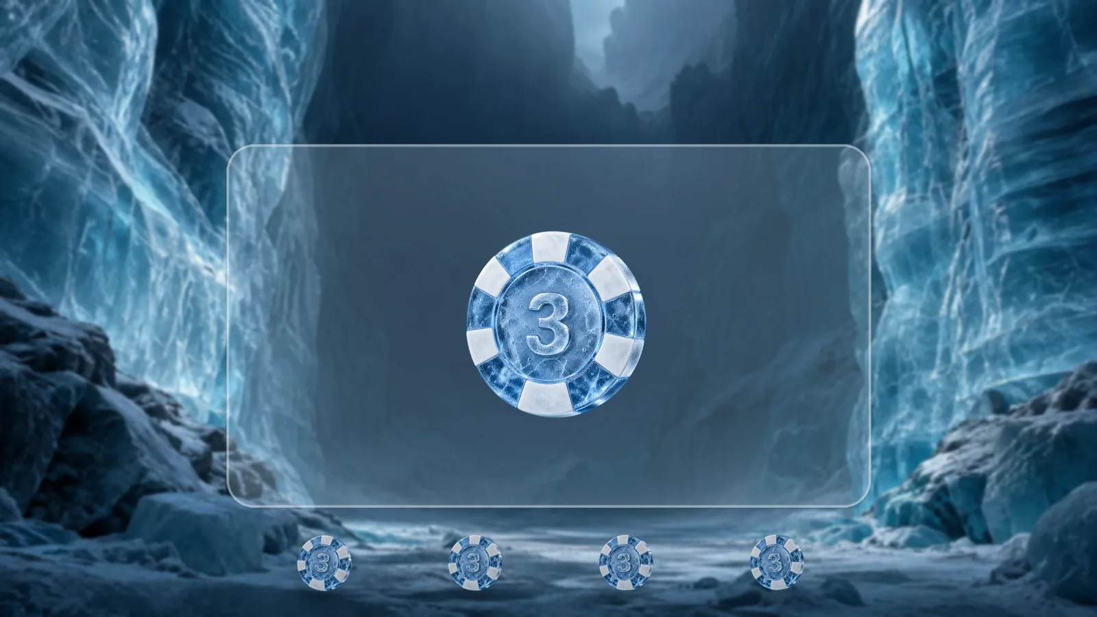 A frosted ice poker chip framed inside a wide frosted ice panel like a video screen, with four small chips on the ice below