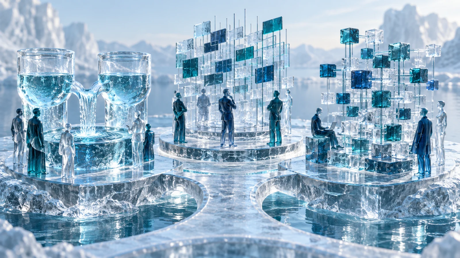 Ice-glass diorama with distinct liquidity reservoirs, trading grid and developer lattice