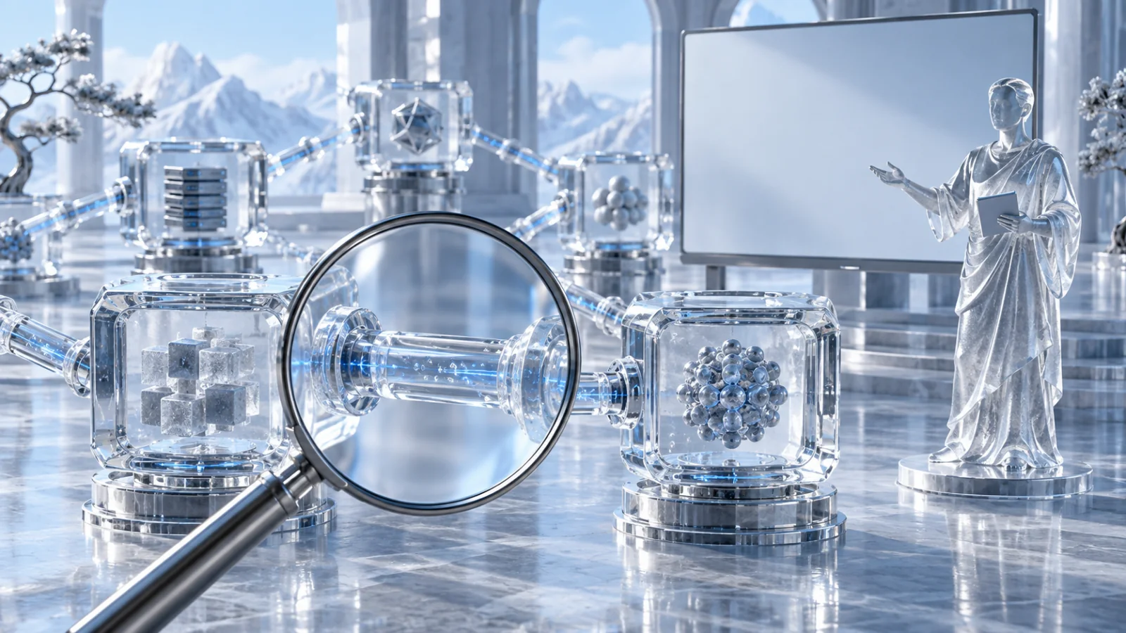 Interconnected ice-glass protocol chambers beside an educator and a clear demonstration panel