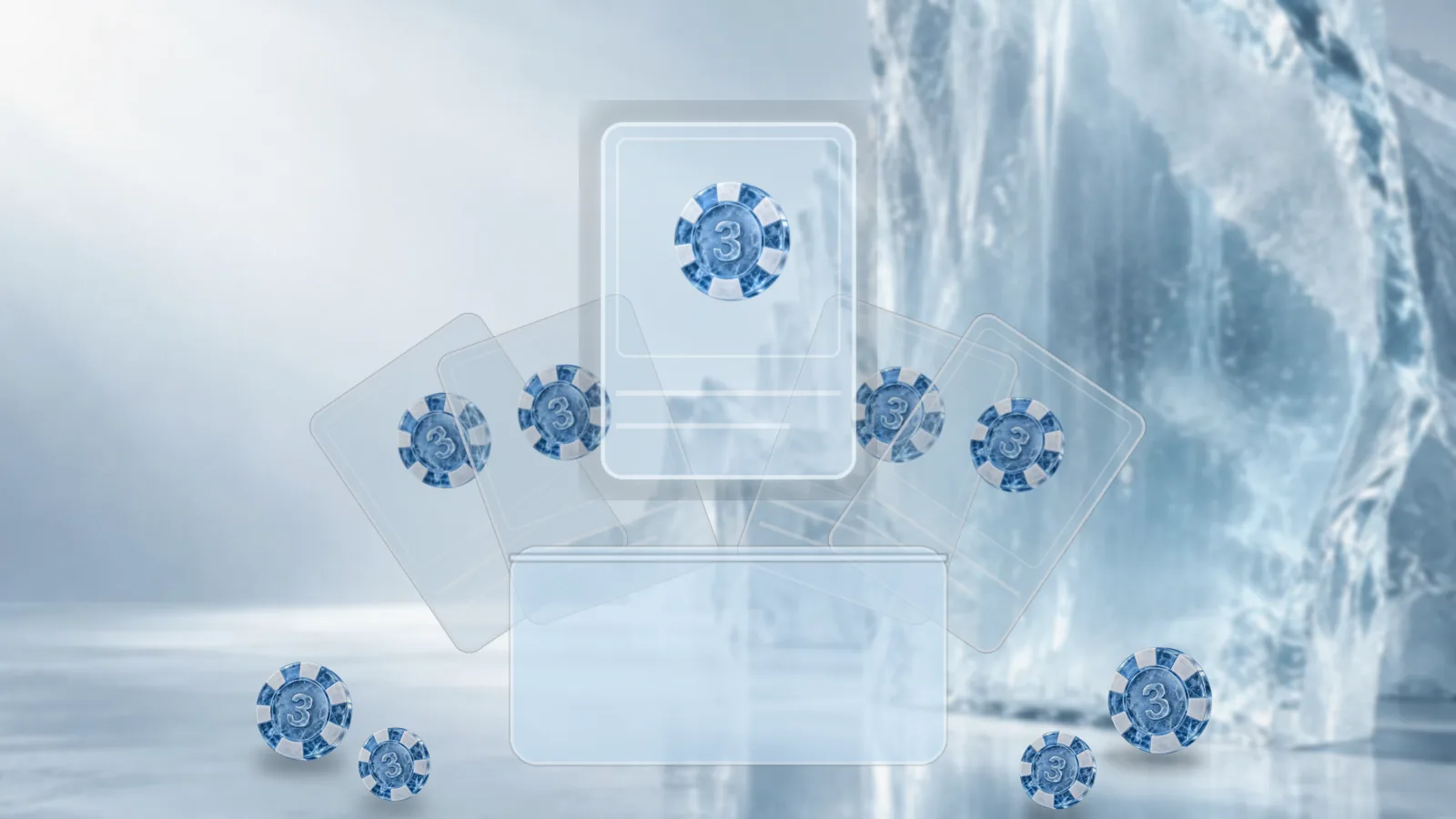A fan of frosted ice cards bursting up out of an ice pack, one card raised higher and glowing, with poker chips scattered on the ice below