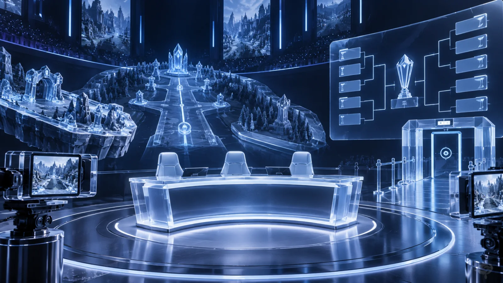 Ice-blue esports broadcast desk connecting creators, tournament moments and an eligible betting journey