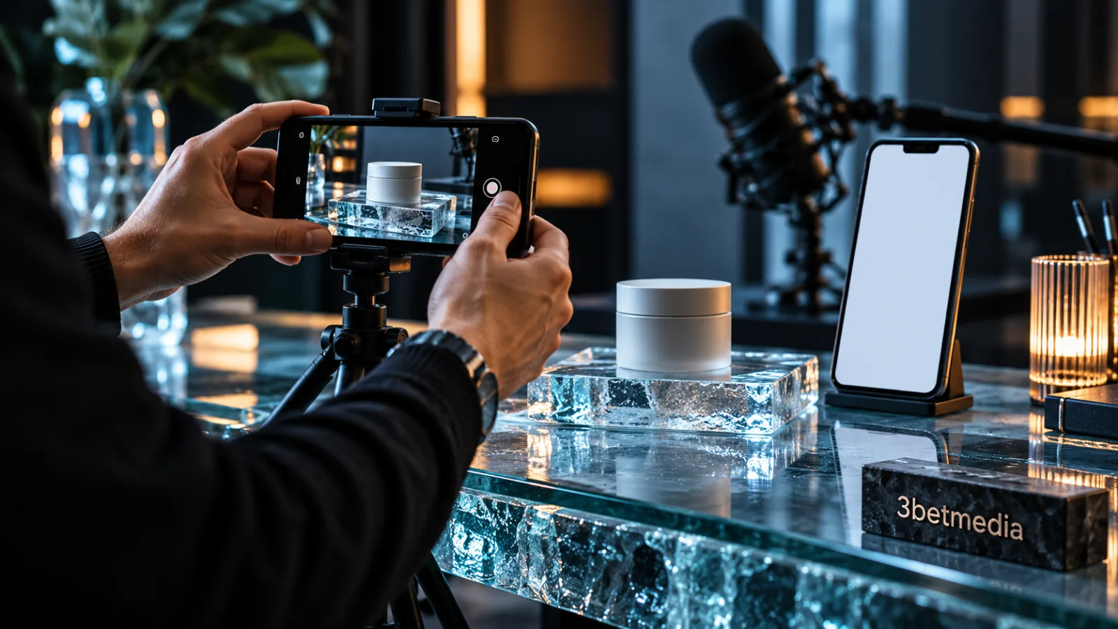 Adult hands filming a plain product beside a clean phone display and microphone