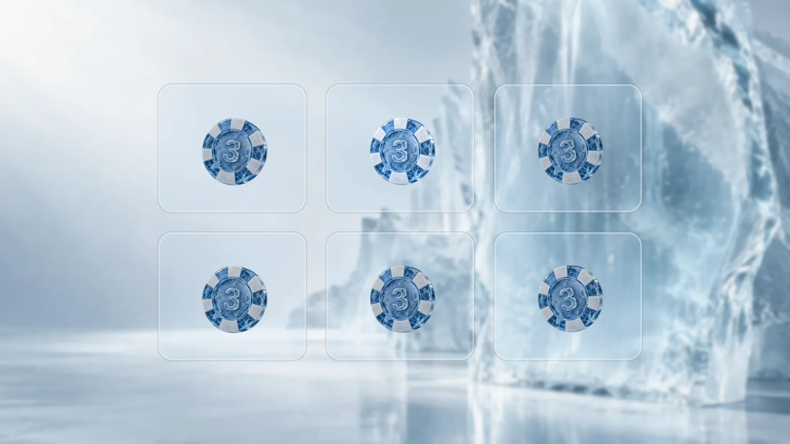 Six frosted ice frames in two rows, each holding one poker chip, in a bright ice studio