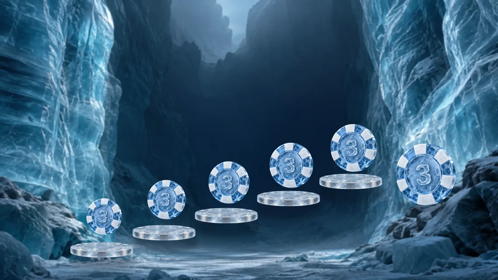 A lineup of five frosted ice poker chips on rising ice steps with a sixth chip set apart at the end, glacier canyon behind