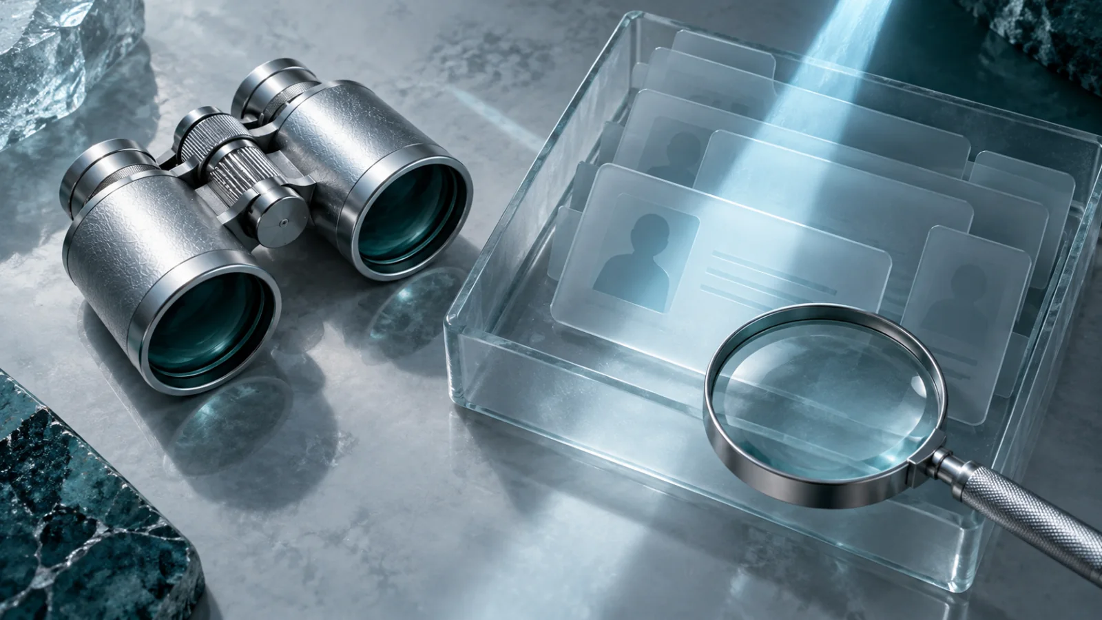Silver binoculars beside translucent profile cards and a magnifying lens