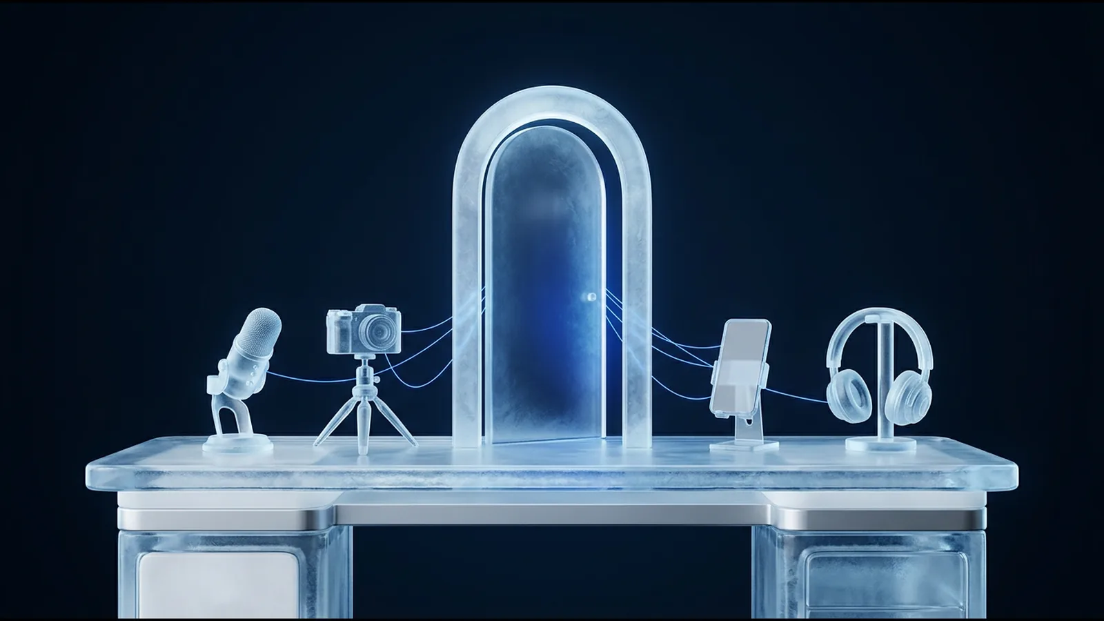 Ice-glass creator desk with a microphone, camera, phone and headphones connected to a glowing glass doorway