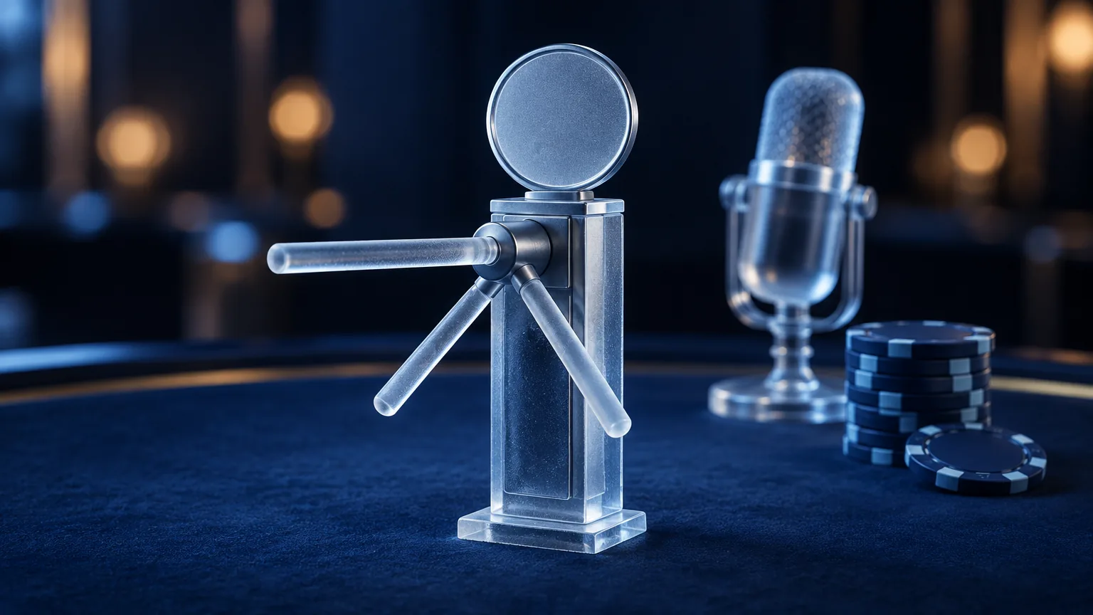 A frosted glass turnstile with a blank dial in front of a glass microphone and a stack of navy casino chips on blue felt