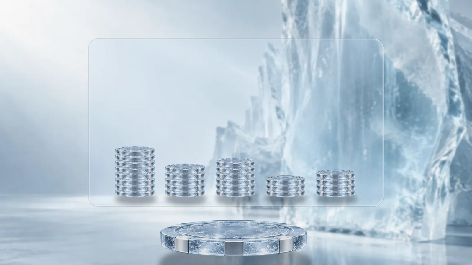 Five stacks of frosted ice poker chips of different heights inside a wide frosted ice panel, above a round ice pedestal