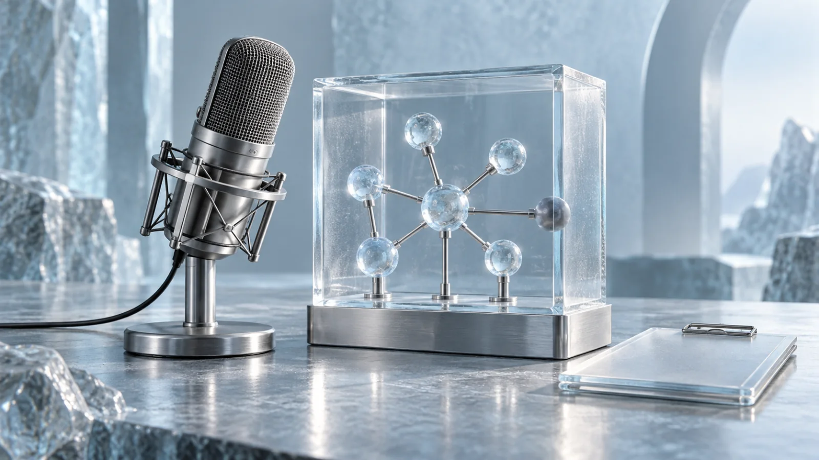 A studio microphone beside an ice-glass network inside a transparent laboratory enclosure and a closed clipboard