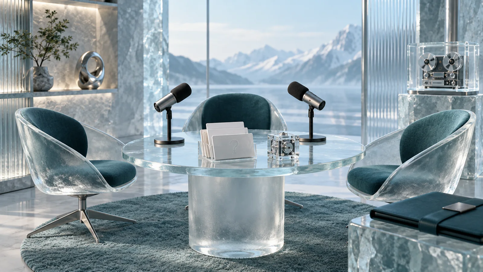 A frosted-glass interview table with microphones, empty guest chairs, question cards and a recording case in an icy studio