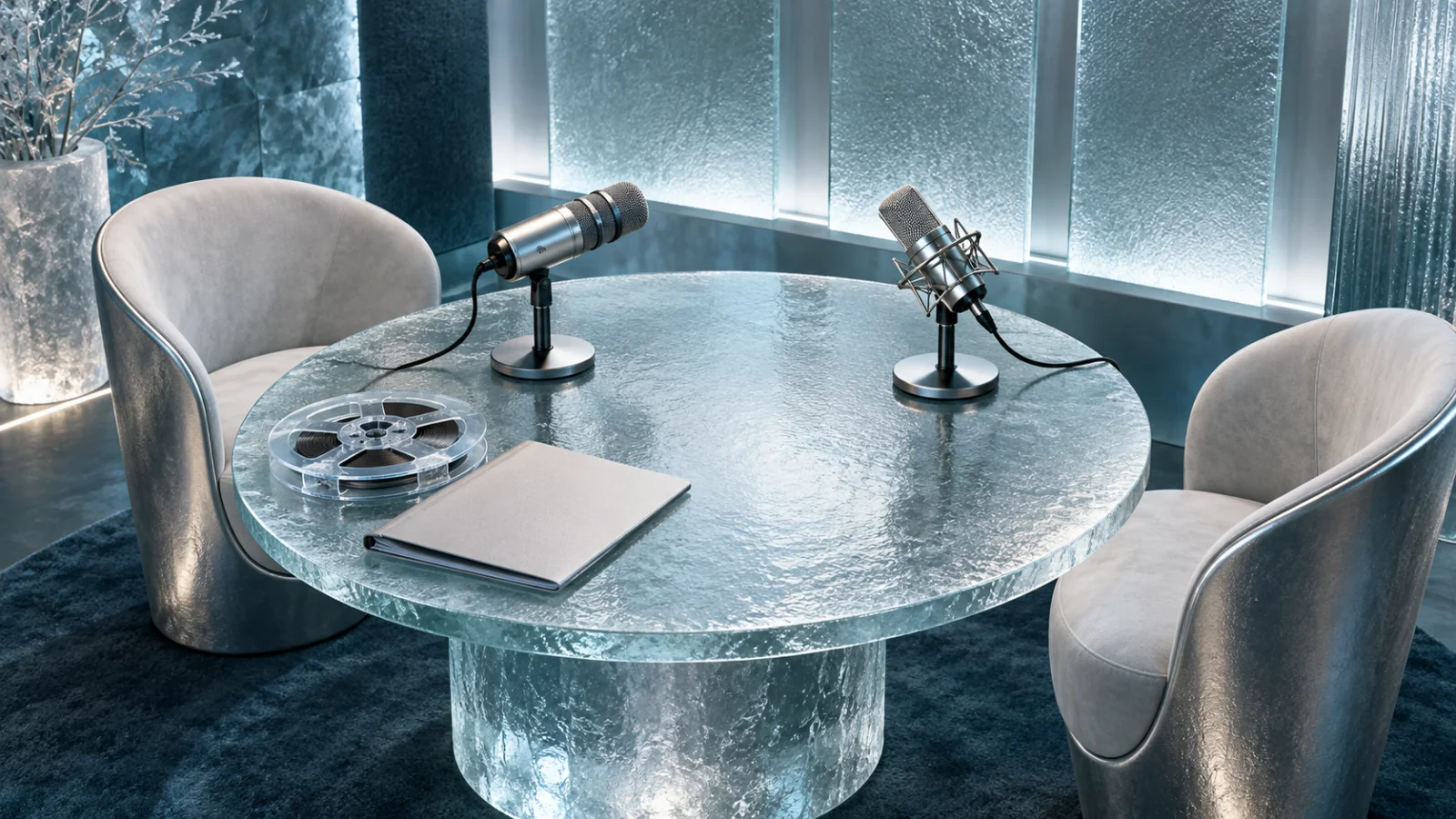 Two silver podcast microphones facing each other across a frosted glass table beside an audio reel and a closed folder