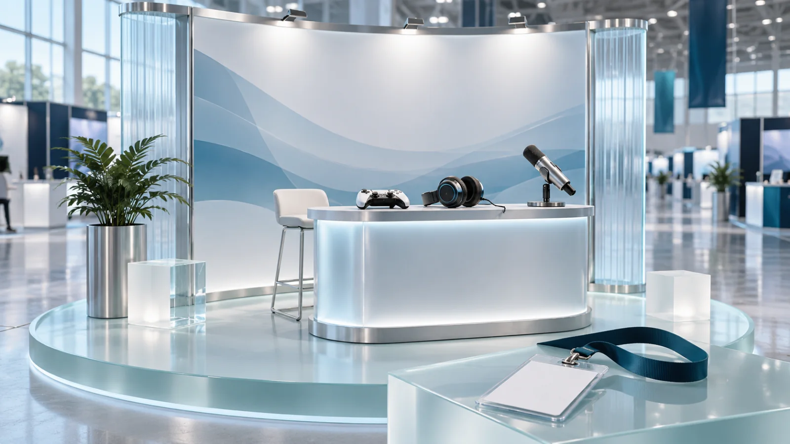An icy exhibition booth with a game controller,headset and presenter microphone beside a blank conference credential