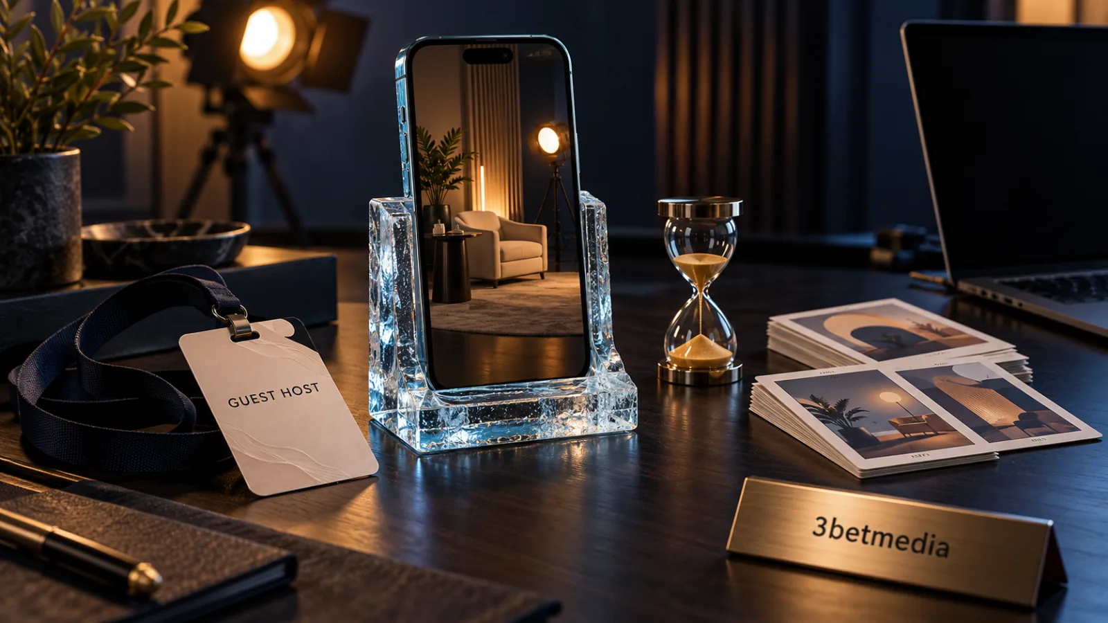 A filming phone in an ice-glass stand beside a guest-host badge, hourglass, storyboard cards and 3betmedia desk plaque