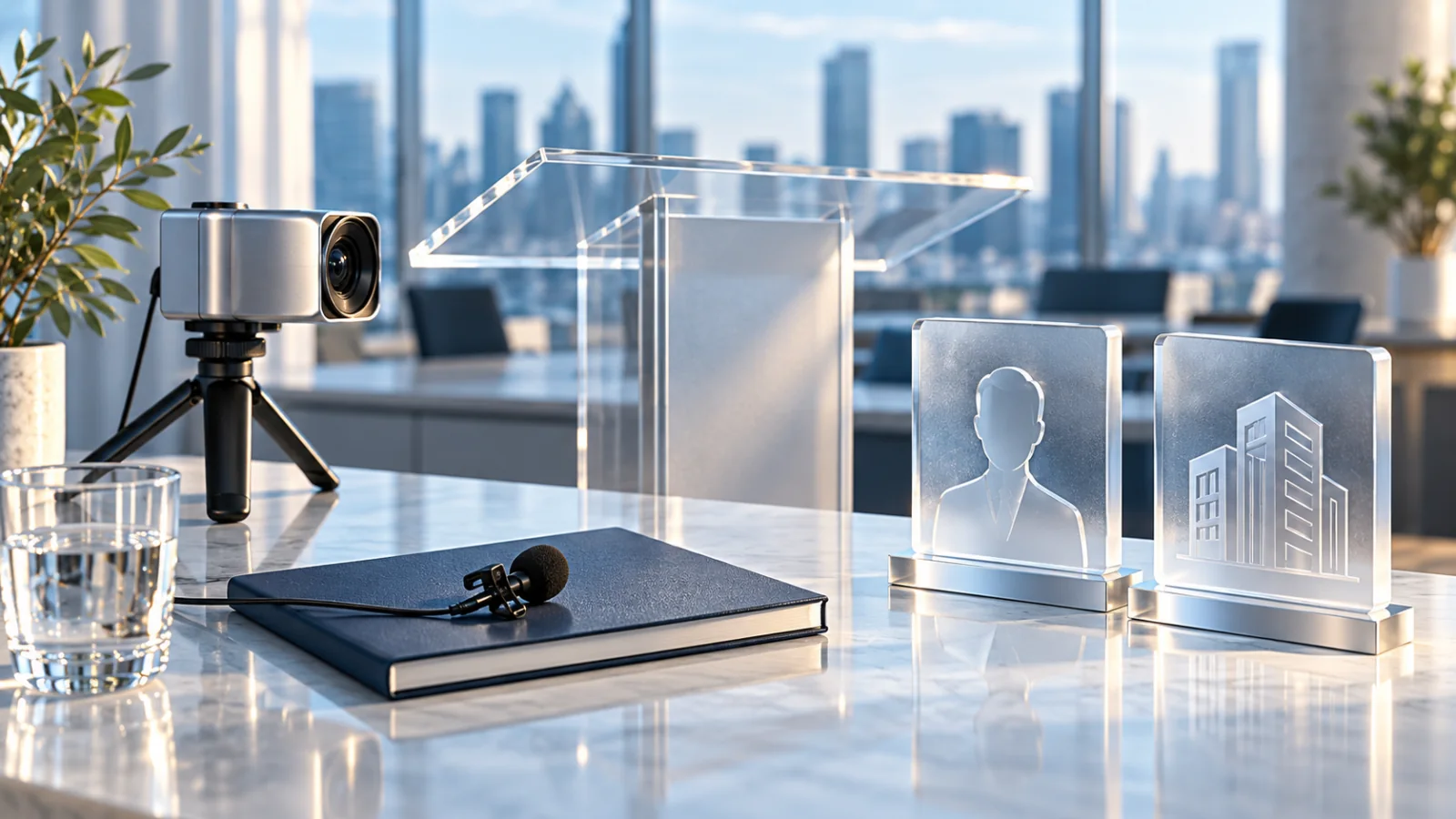 A professional creator desk with a camera,lapel microphone and technical notebook beside translucent profile and office-building sculptures