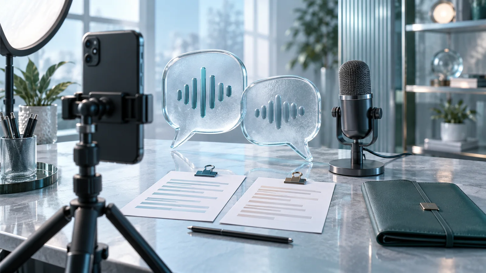 An unbranded filming phone, glass speech bubbles, microphone and two recording sheets in an icy production studio