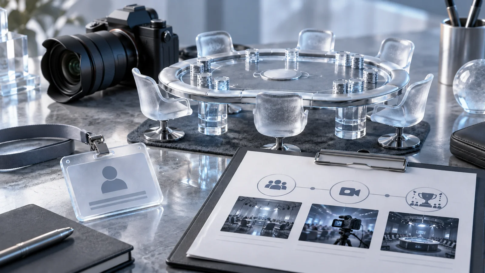 Frosted glass poker table, camera, creator credential and event schedule on an icy studio desk
