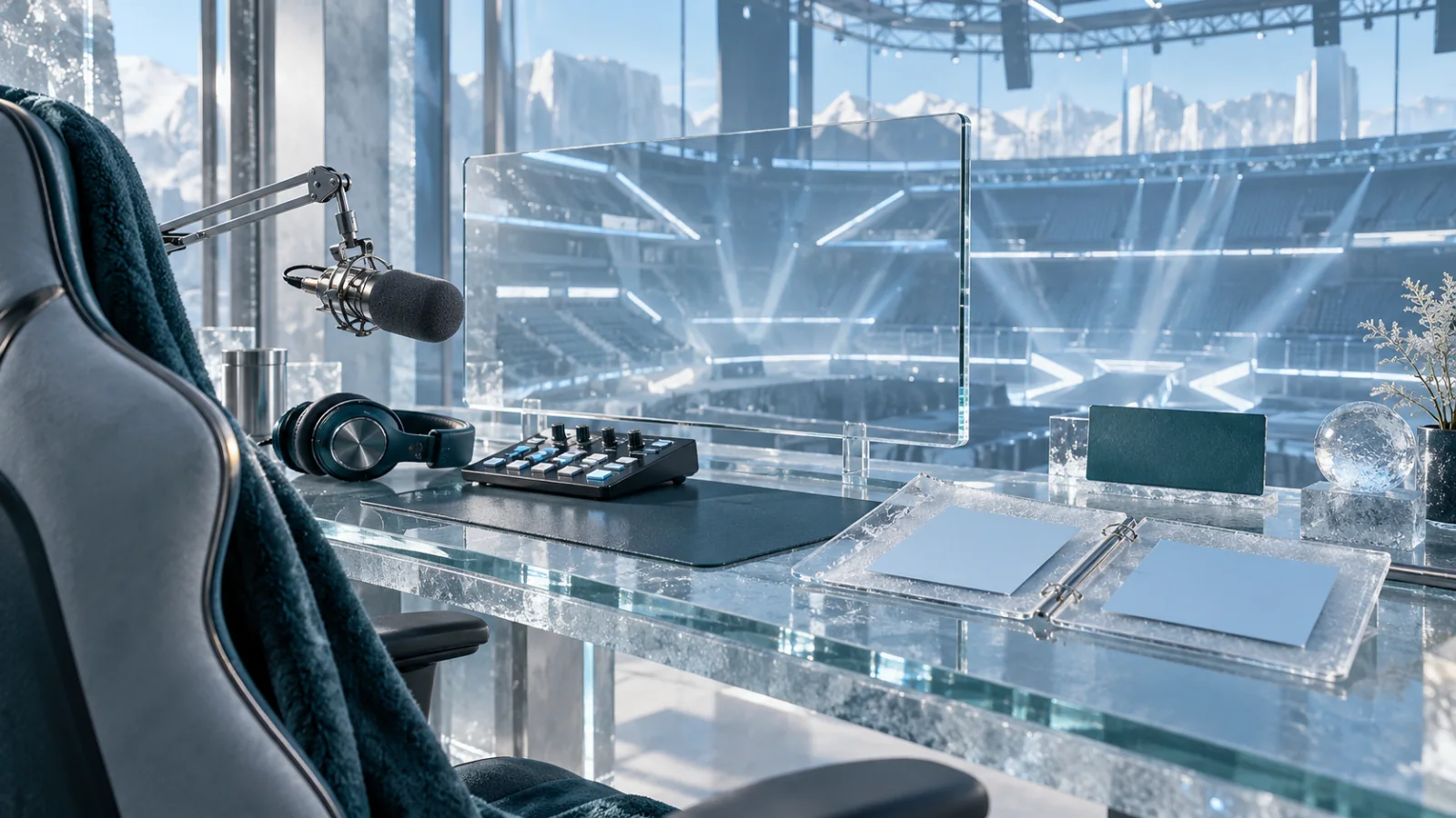 An ice-glass streamer workstation with a microphone, headphones, an abstract arena monitor and a separate permission folio