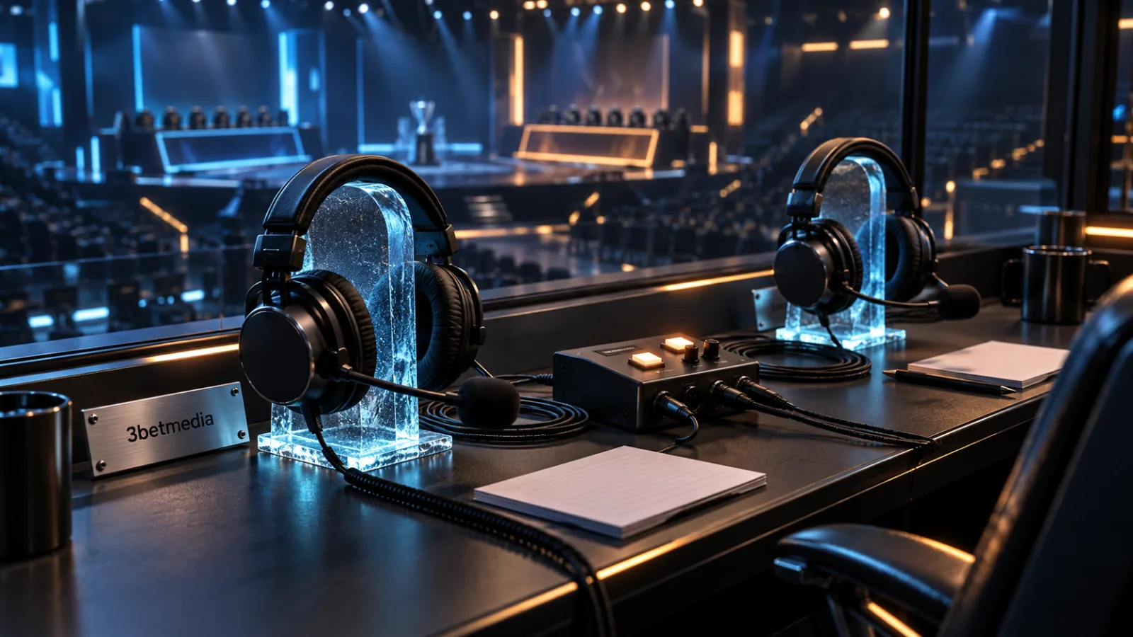 Two broadcast headsets on ice-glass stands beside a talkback control, overlooking an imagined esports arena with a 3betmedia desk plaque