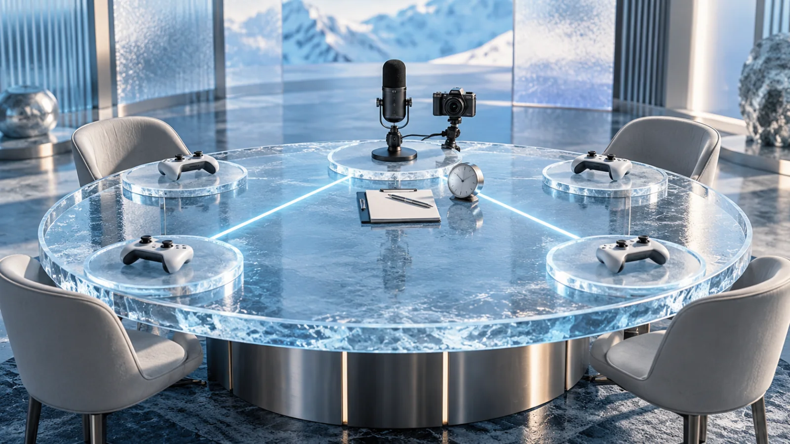 A circular ice-glass gaming table with four player controllers around a central broadcast microphone and camera