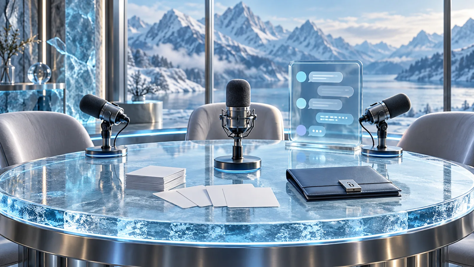 Three microphones on an ice-glass table beside blank question cards, a group-chat display and a closed permission folder