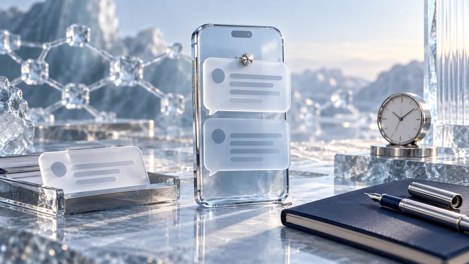 An ice-glass phone with pinned message tiles beside a separate message tray,clock and dark-blue placement notebook