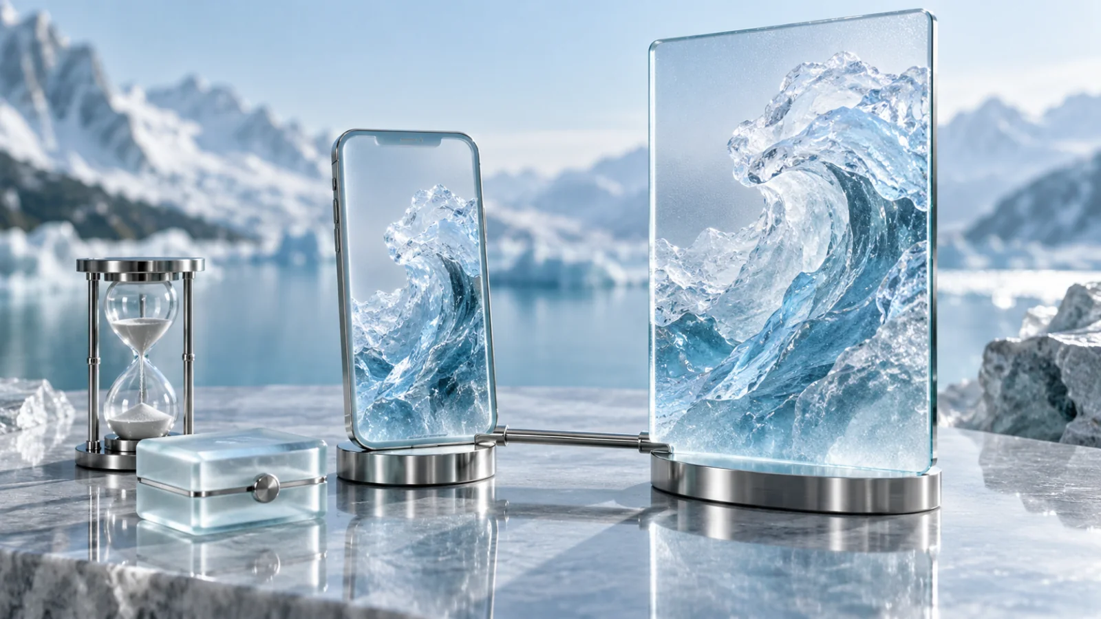 An ice-glass phone and matching portrait display connected beside an hourglass and a closed translucent case