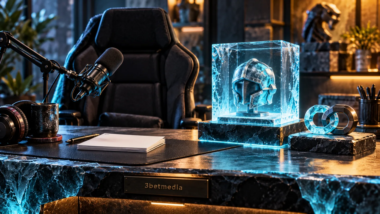 A studio microphone and empty creator chair beside a cosmetic helmet in an ice-glass reward case and paired account-link rings