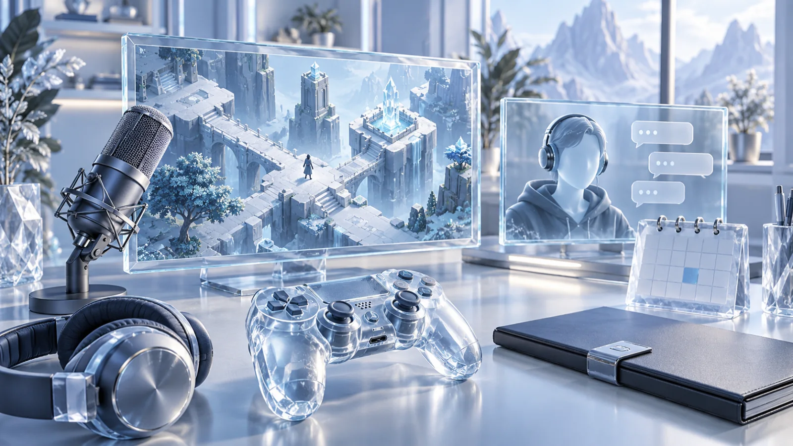 Ice-glass game controller, microphone, adventure-game scene and anonymous streamer panel beside a launch calendar and commissioning folder