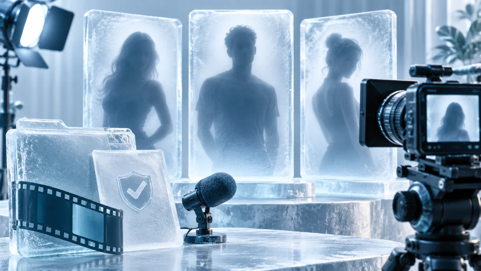 Three anonymous creator audition panels beside a camera, microphone and permission folder in an icy blue studio