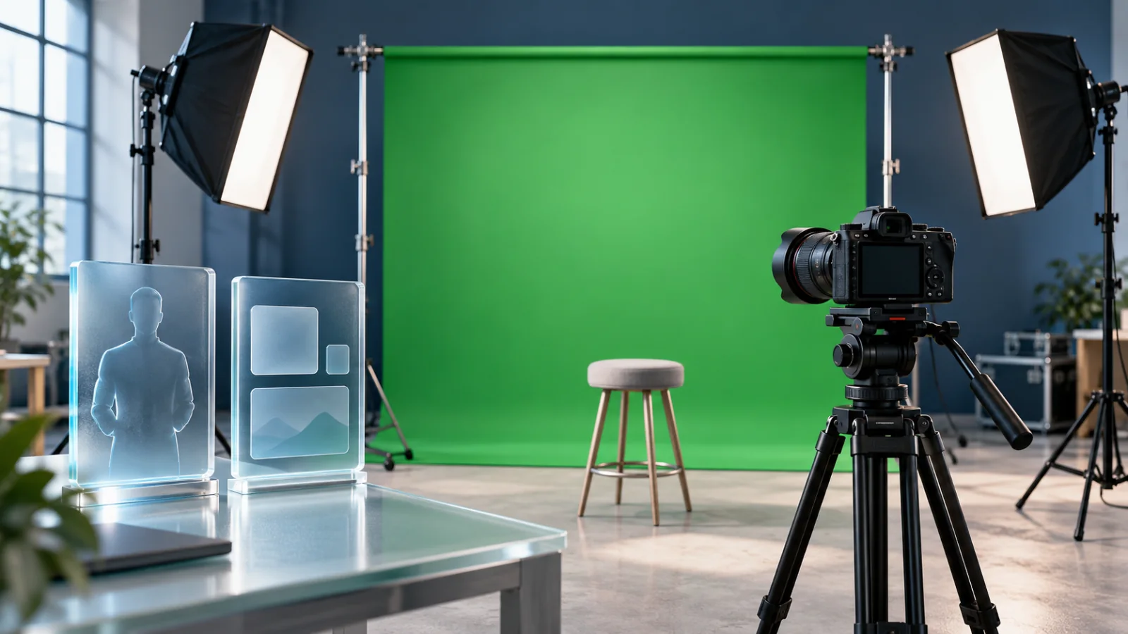 A green-screen filming studio with softbox lights, a camera and stool beside separate glass presenter and background panels