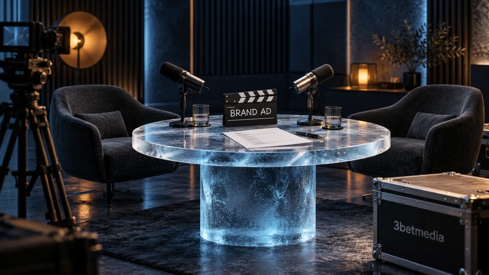 Two microphones and empty chairs around an ice-glass table with a brand ad slate, camera and 3betmedia production case